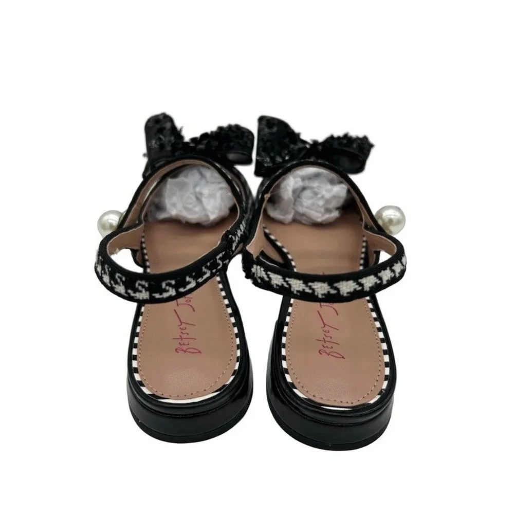 New Betsey Johnson Livy Flats Women's Size 7 Black White Houndstooth Pearl Bow